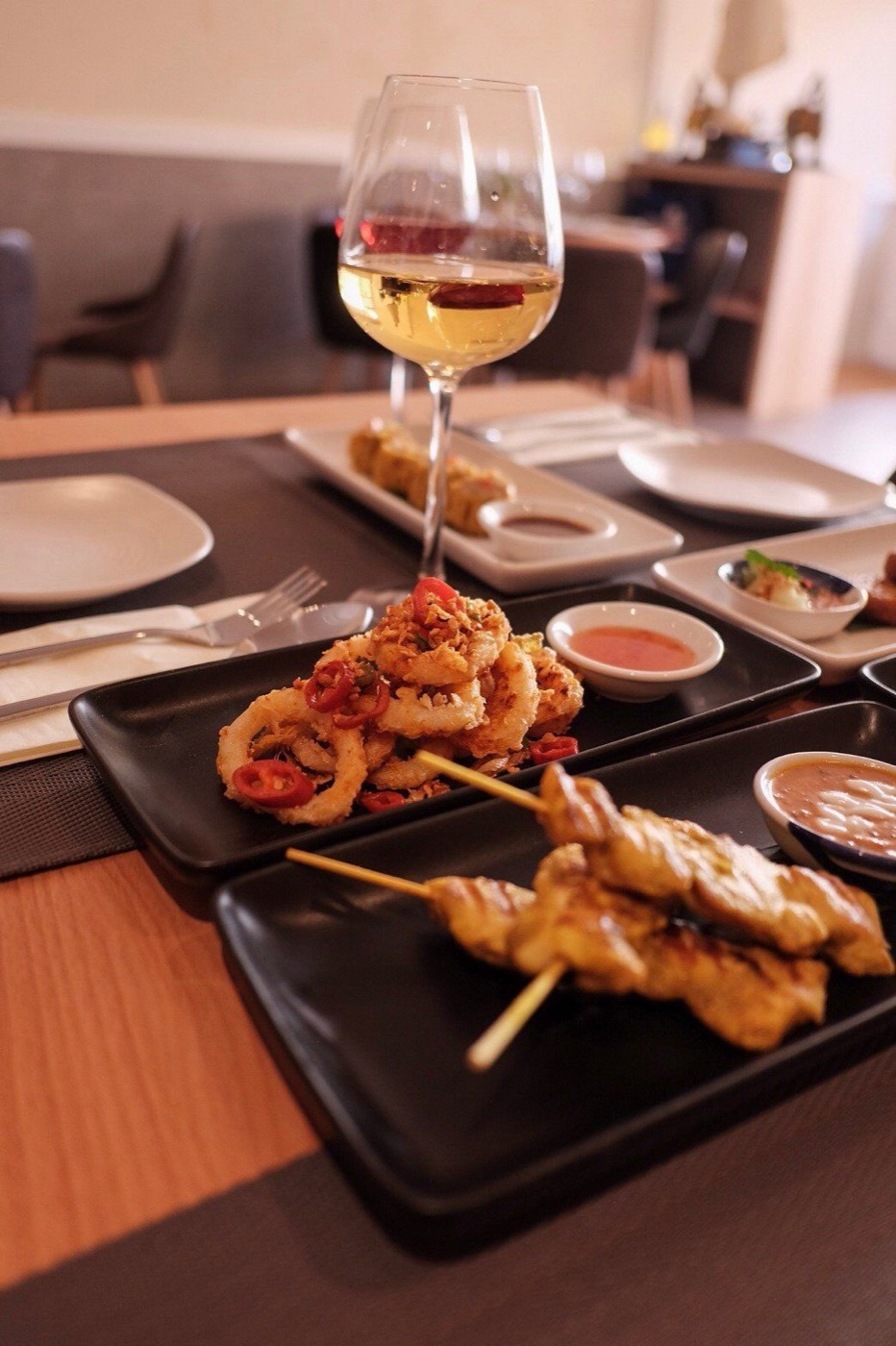 Sharing platter — satay, calamari and starters